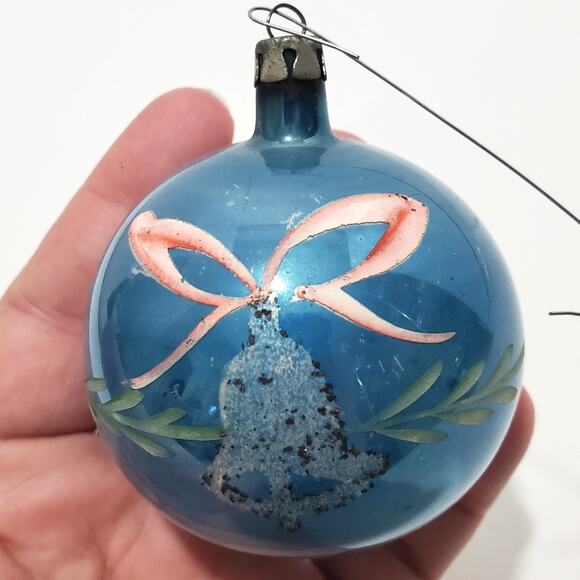 Vtg Hand Blown Blue Silver Glass Christmas Ornament Glitter Bell Poland Pink Bow - Picture 3 of 8